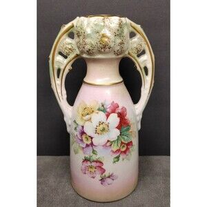 Royal Bruxonia Austria Porcelain Double Handle Vase 8” Floral Pattern